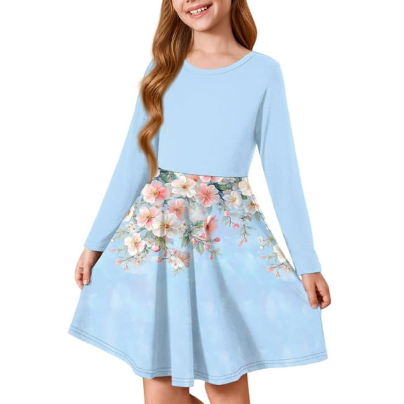 Inglocry Little Girls Long Sleeve Dress Tie Dye/Boho/Floral Dress Twirl Swing Party Dresses with Pockets Light Blue 3-4Y