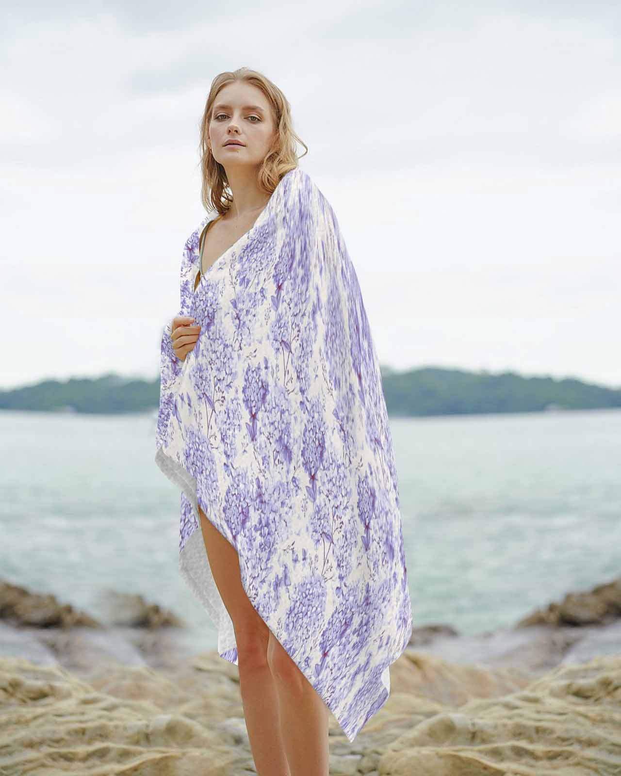 Purple Floral Beach Towels Oversized Super Absorbent, Hydrangeas Flower Spring Summer Botanical Lightweight Bath Towel Quick Dry Sets For Bathroom/Pool/Rv Camping/Beach Play/Gym Room/Picnic 23"x47"
