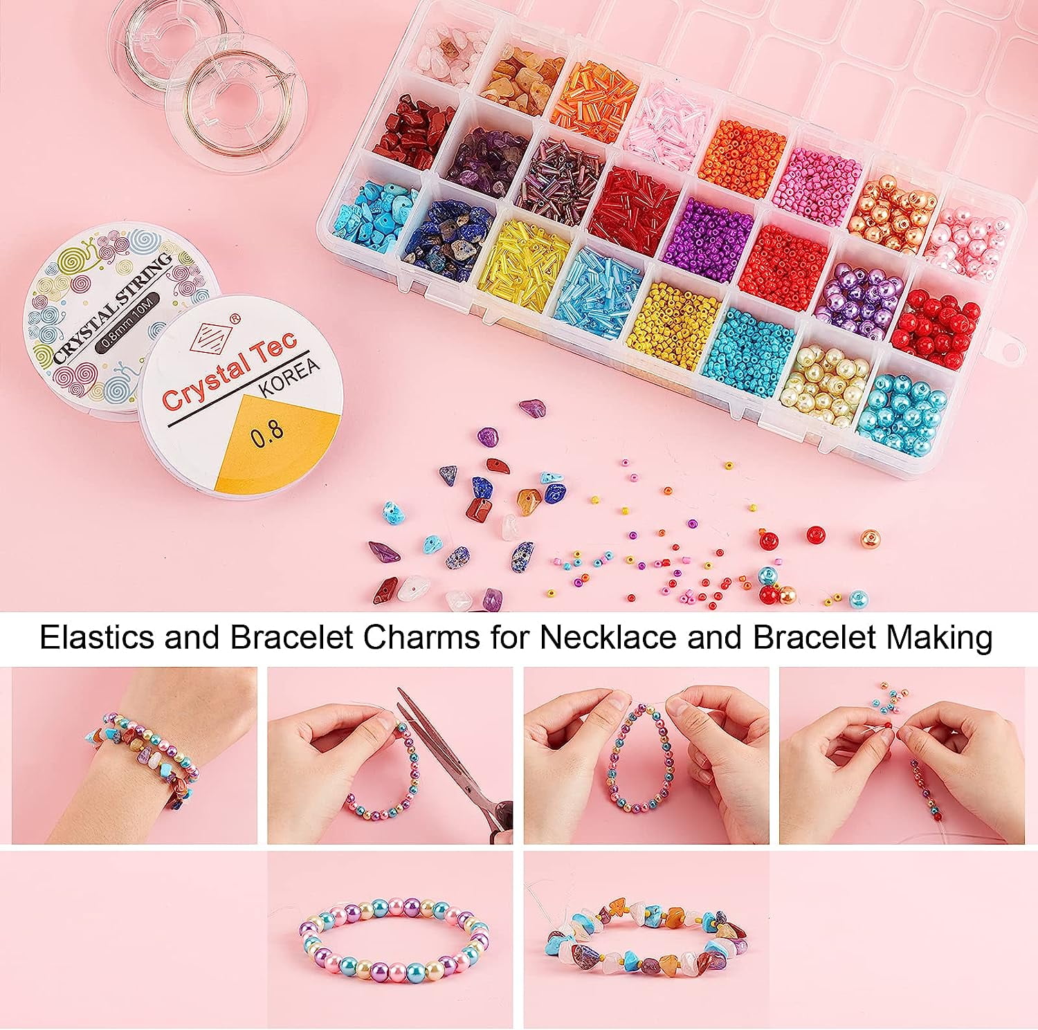 2400 Pcs Mixed Stone Beads Kits with Earring Hooks Spacer Beads Pendants Charms Jump Rings for DIY Jewelry Necklace Bracelet Earring Making Supplies Colorful