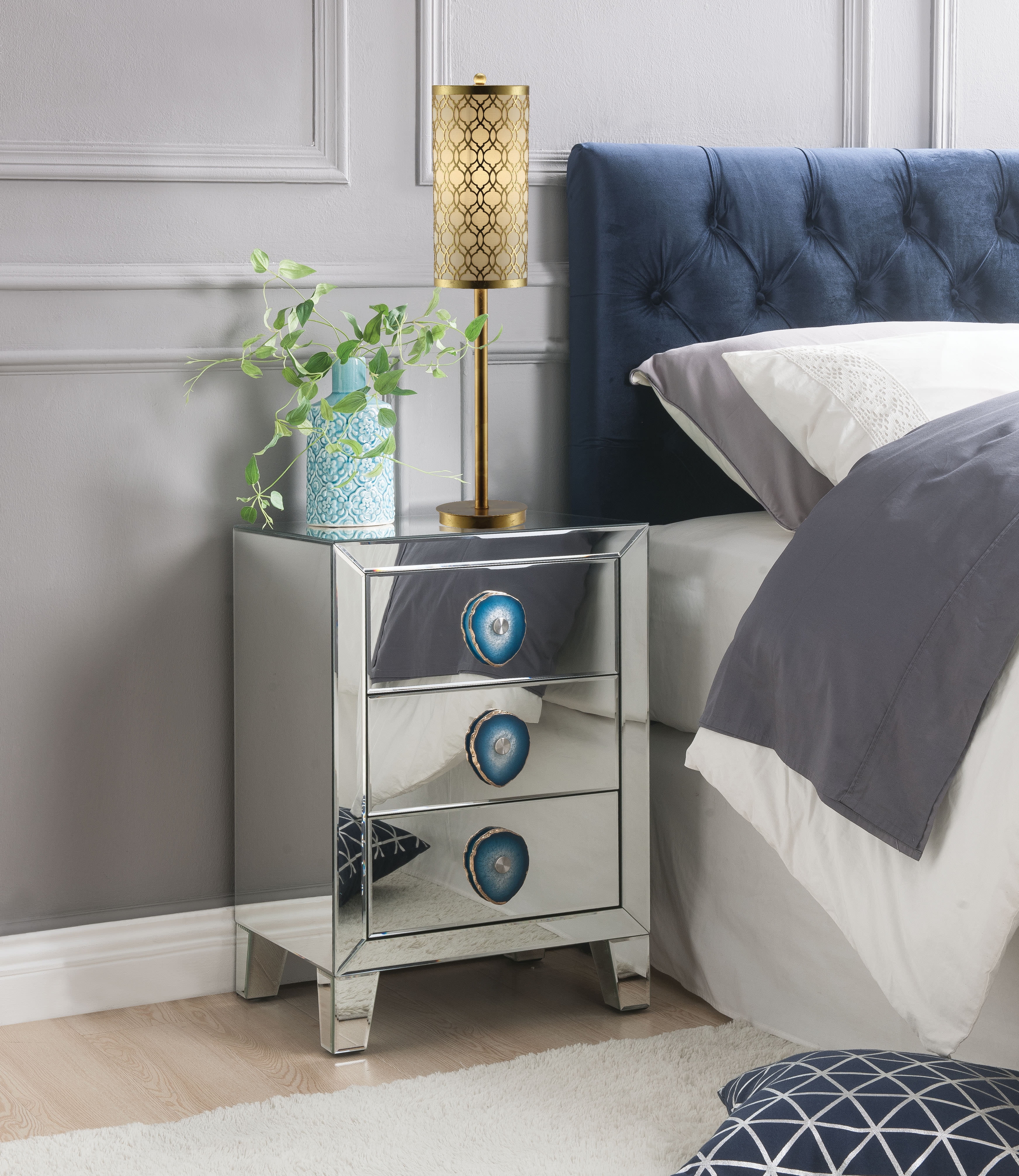 Acme Filip 3 Drawer Mirrored Nightstand With Faux Agate