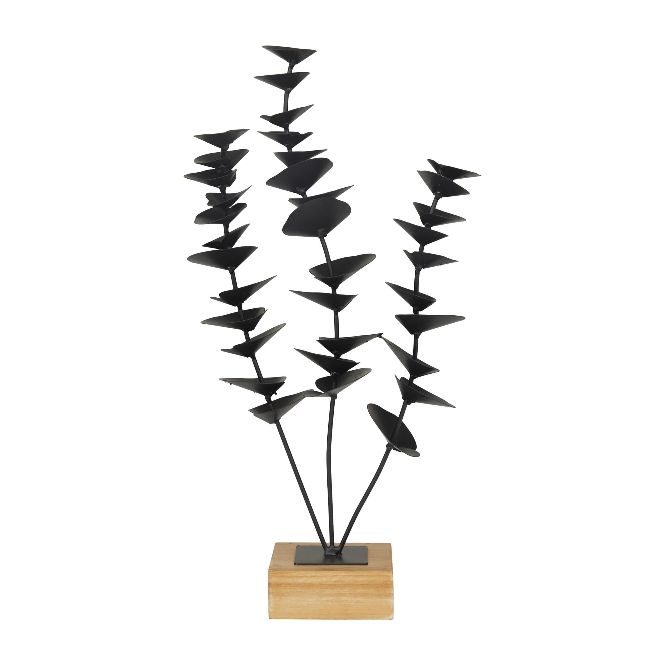 9" x 18" Black Metal Leaf Sculpture with Wood Base, by DecMode
