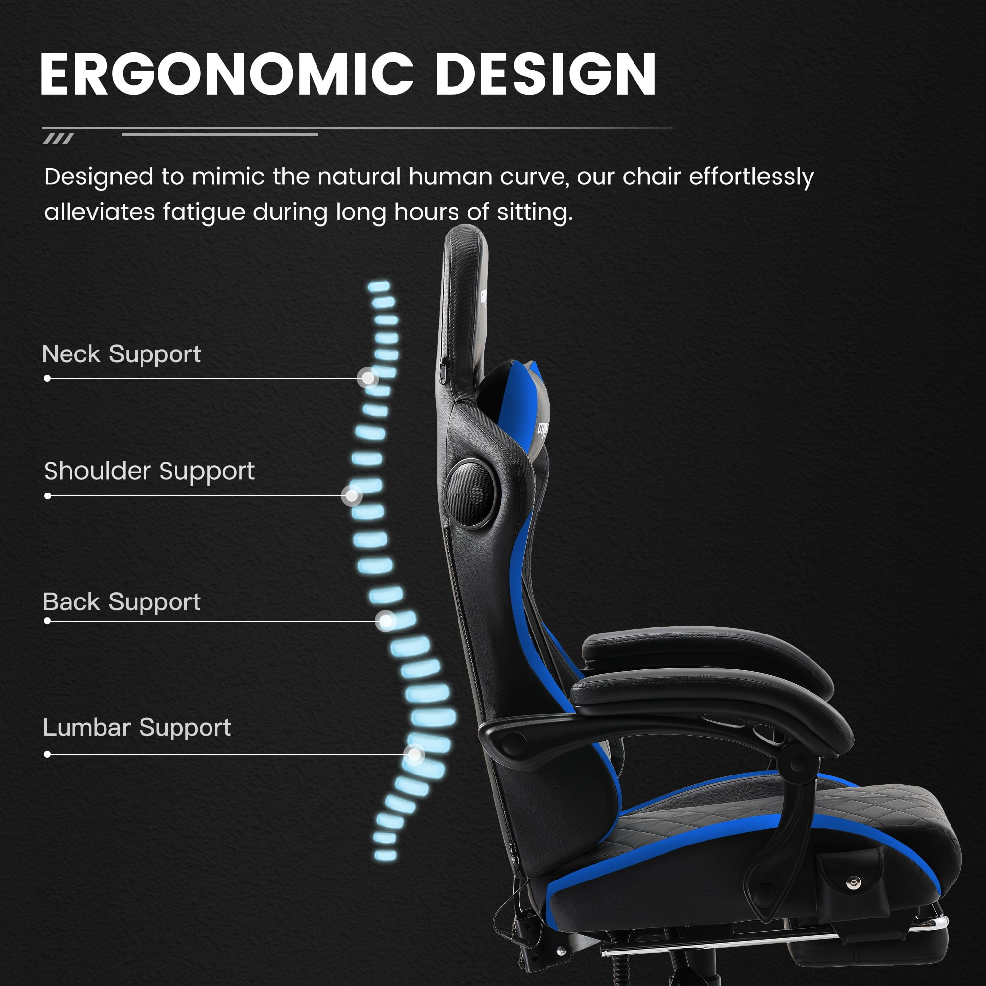 GTRACING GTW-100 Reclining Gaming Chair with Bluetooth, Adjustable Pillows and Footrest, Blue