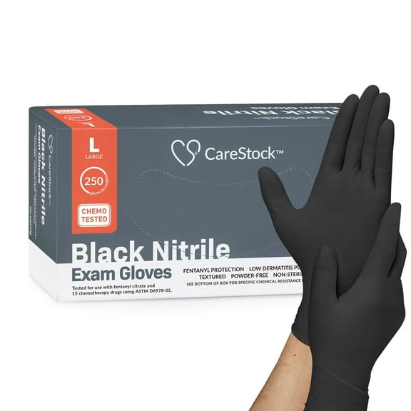 CareStock Black Nitrile Exam Gloves - Ultra-Strong with Slip-Resistant Textured Grip - Disposable Powder-Free Medical Gloves for Cooking & Healthcare, Large, 250 Count, 10 Boxes, 2500 Total