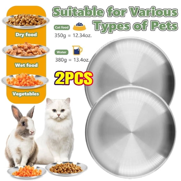 2-Pack Stainless Steel Cat Food Bowls, Shallow Whisker-Friendly Non-Slip Silicone Base Metal Dishes, Easy to Clean Indoor Feeding Flat Plates for Small Dog, Cat, Kitten (6.7")