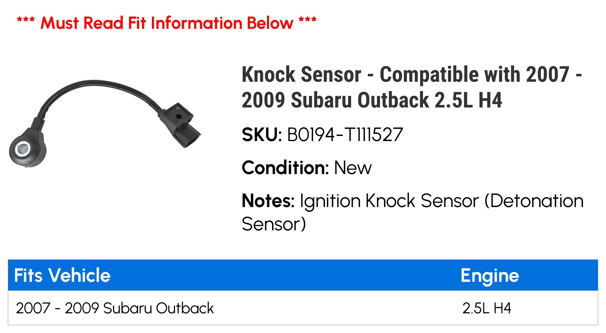 Knock Sensor - Compatible with 2007 - 2009 Subaru Outback 2.5L H4 2008