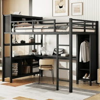 Full Size Loft Bed for Teens and Adults,Metal Loft Bed with Wardrobe And L-shaped Desk,Heavy Duty Loft Bed with Storage Cubes and Shelves for Kids Teens Adults,Black