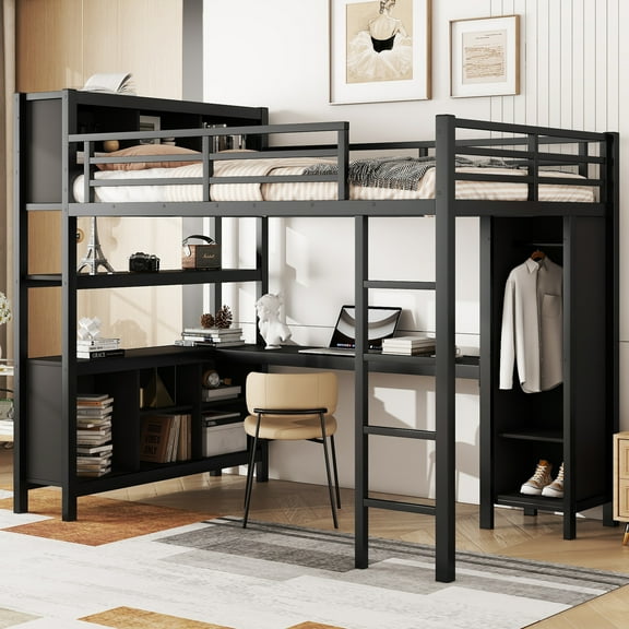 Full Size Loft Bed for Teens and Adults,Metal Loft Bed with Wardrobe And L-shaped Desk,Heavy Duty Loft Bed with Storage Cubes and Shelves for Kids Teens Adults,Black