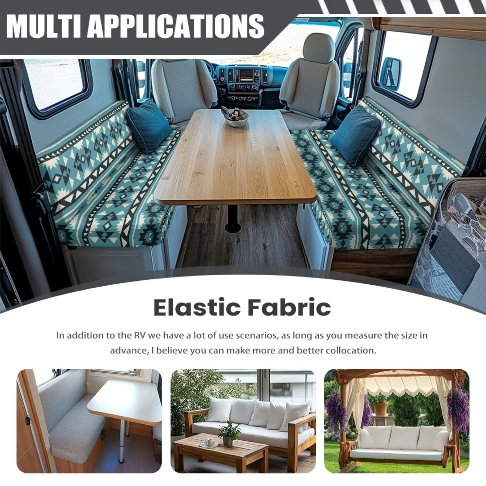 Uorisanigo RV Dinette Cushion Covers, Stretch Camper Accessories RV Dinette Cushions Soft Blue Aztec Print Camper Sofa Cover Furniture Protection Washable ＆ Easy to Install