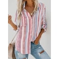 thumbnail image 3 of QWZNDZGR Womens V Neck Striped Roll up Sleeve Button Down Blouses Top, 3 of 4