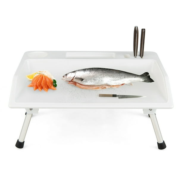 Gymax Folding Fish Fillet Table w/ Knife Slots Drainage Hose for