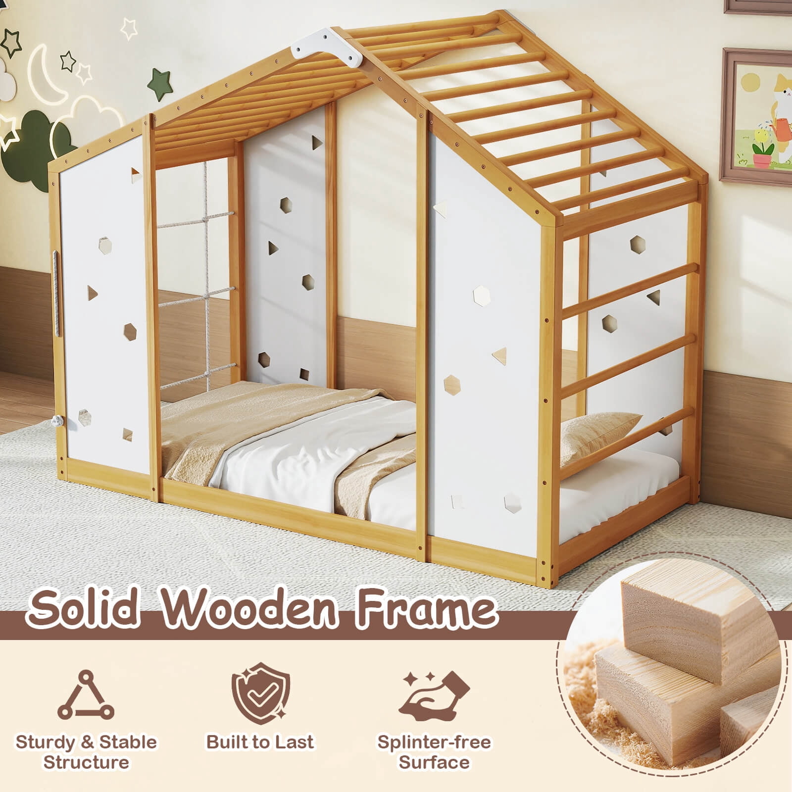 Costway Twin Size Climbing Bed, 2-in-1 Montessori Floor Bed with Monkey Bars for Boys Girls