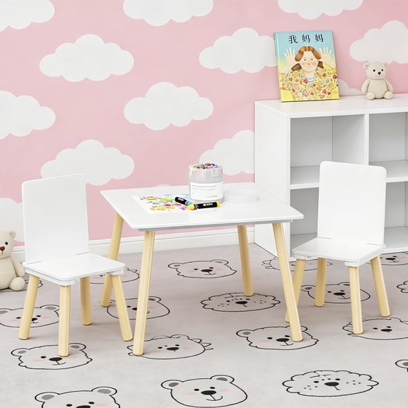3Pcs Kids Table and Chair Set,Toddler Table and 2 Chairs Set Wooden Activity Play Table Set,White