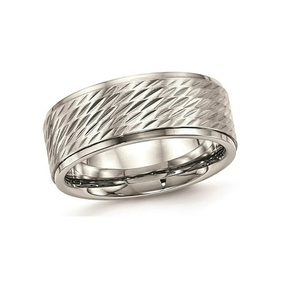 Mens Stainless Steel 9mm Brushed Center Ridged Edge Diamond Cut Ring for Men