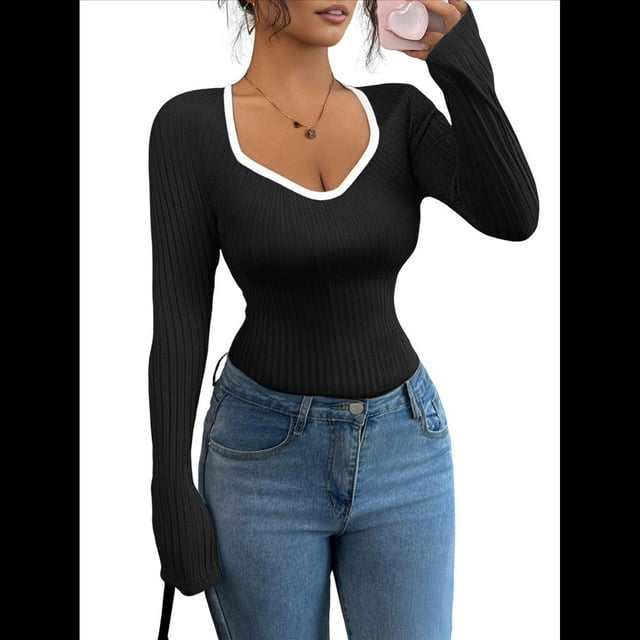 Camisetas Ajustadas con Cuello en Forma de Corazón para Mujer, Tops de Punto Acanalado con Mangas Largas Acampanadas Negro M