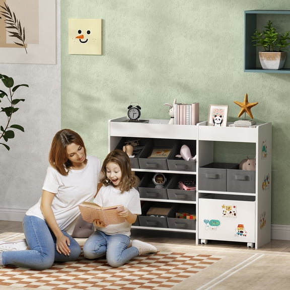 Qaba Toy Storage Organizer with 6 Shelves and 11 Fabric Bins, Moveable Cabinet and 3 Stickers, Toy Organizer for Nursery, Playroom, Bedroom, White