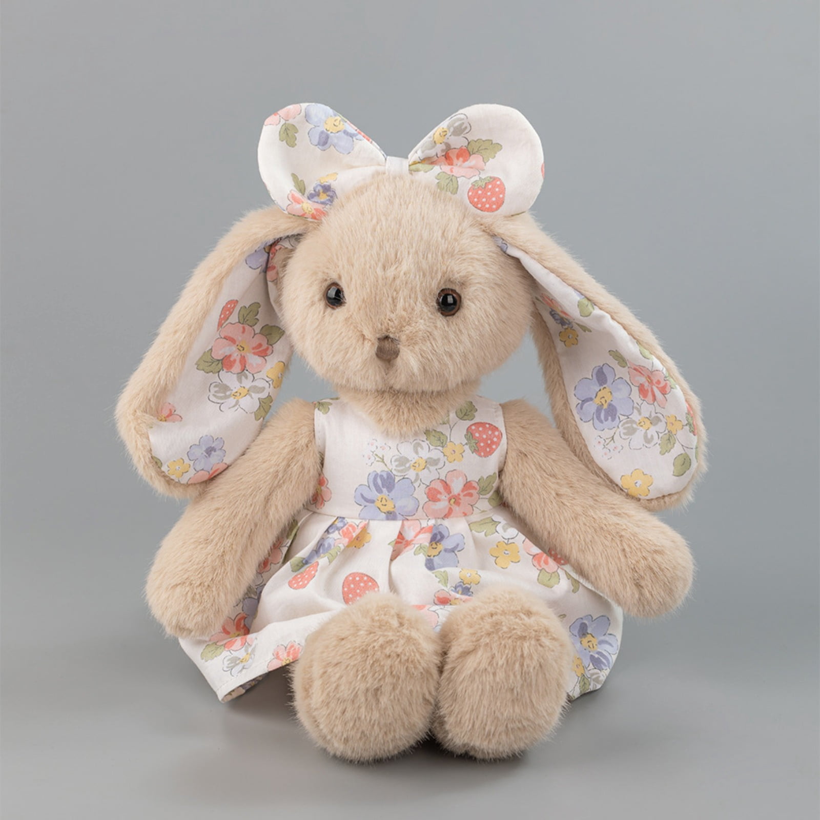 Beige Bunny Plush Toy with Floral Dress, Soft Rabbit Plush Doll for Cozy Home Decor