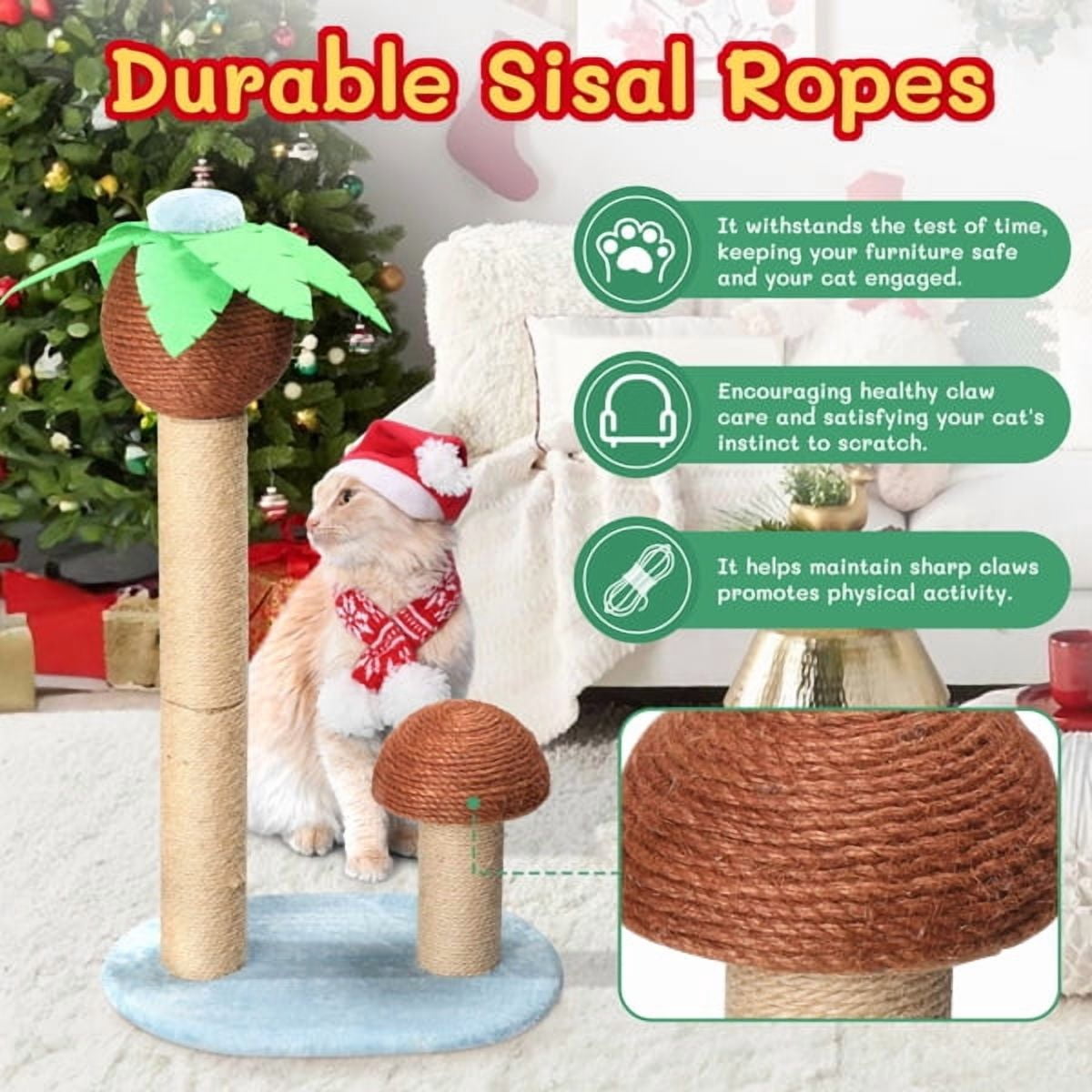 27.5in Coconut Palm Tree Cat Scratching Post, Cute Cat Scratcher with Natural Sisal Posts & Dangling Balls for Indoor Cats