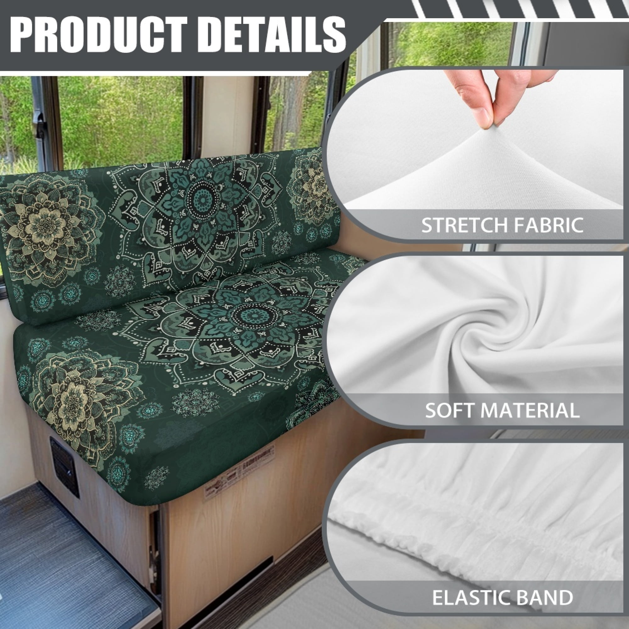 FOR U DESIGNS Boho Mandala Green Pattern 2 Pack RV Dinette Cushion Covers Washable Camper Cushion Slipcover Scratch-Resistant Sofa Chair Cover Camper Seat Covers Dinette Booth