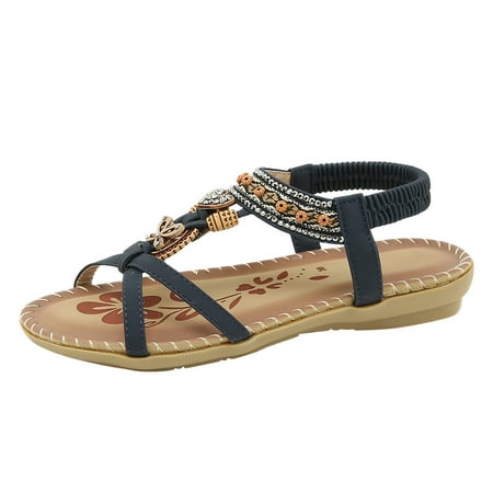 Fashion Women Casual Open Womens Closed Toe Sandals Toe Flat Rhinestone Comfortable Dress Sandals for Women Low Heel Soft Bottom Breathable Elastic Band Shoes Sandals