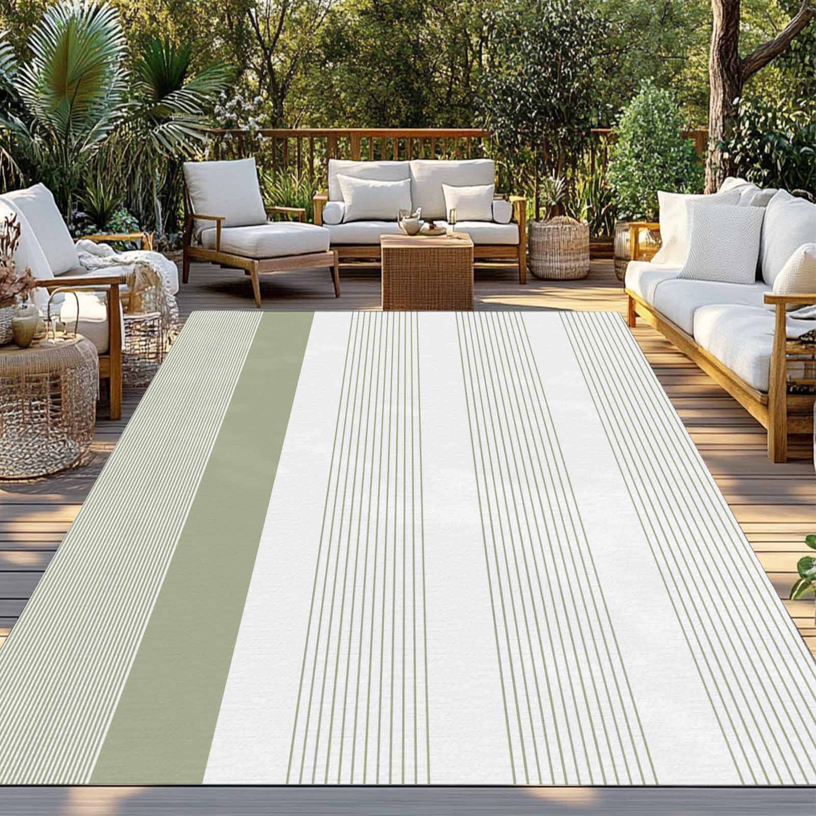 4' x 6' Outdoor Rug, Sage Green Stripe Outdoor Washable Rug Large Floor Carpet, Modern Rustic Horizontal Green Striped Non Shedding Area Rug for Outside Patio RV Porch Deck Balcony Camping