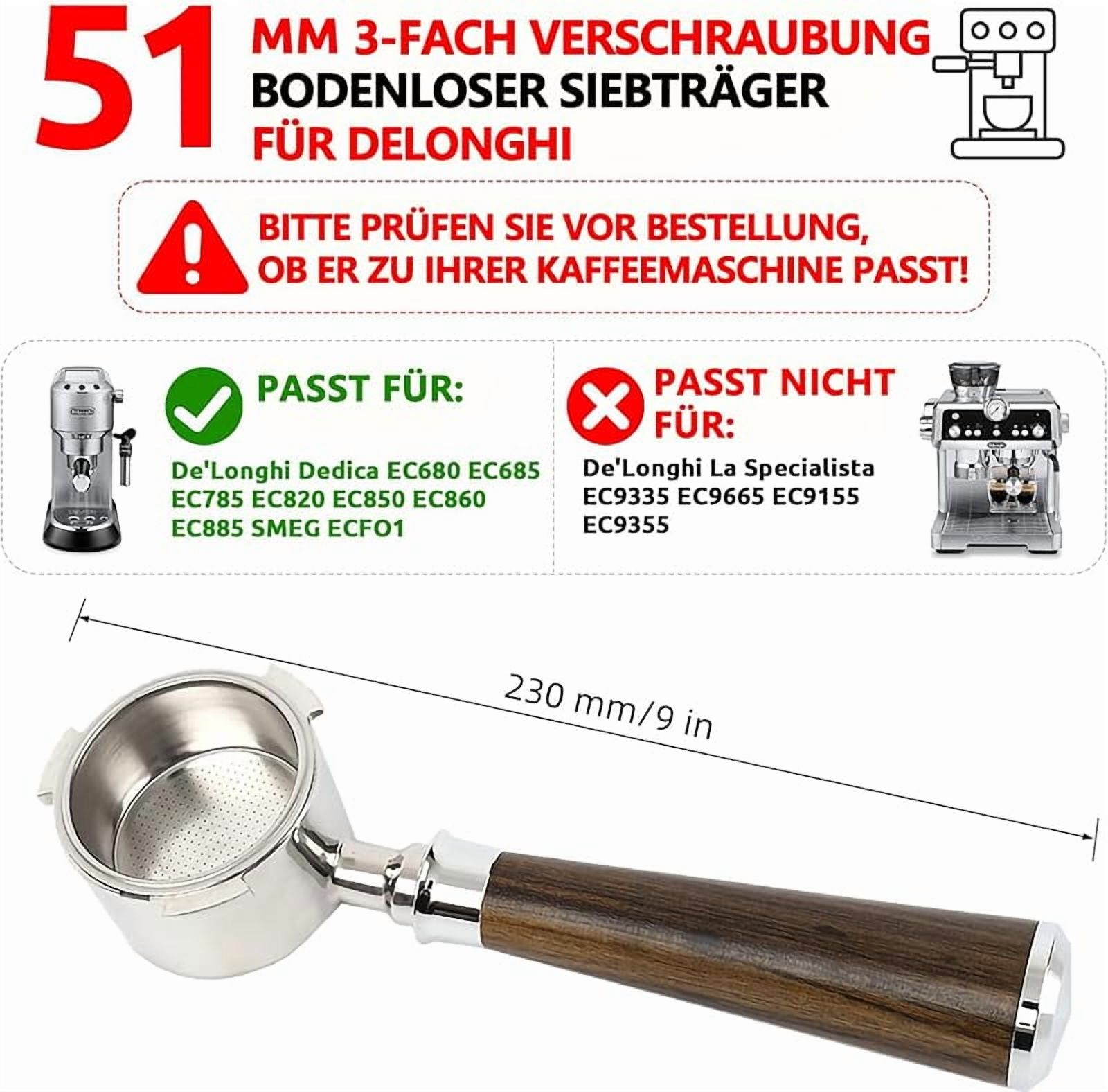 Davonpha 51mm Bottomless Portafilter 3 Ears, Davonpha Professional Espresso Portafilter 51mm compatible with De-longhi EC680, EC685 & EC885 Espresso Machine, Stainless Steel Basket and Walnut Handle