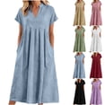 thumbnail image 1 of justHIGH Robe Midi en Coton et Lin pour Femme 2026 Été à Manches Courtes Décontractée Robes Plissées Ligne A Robe de Plage avec Poches Kaki,TTG, 1 of 7
