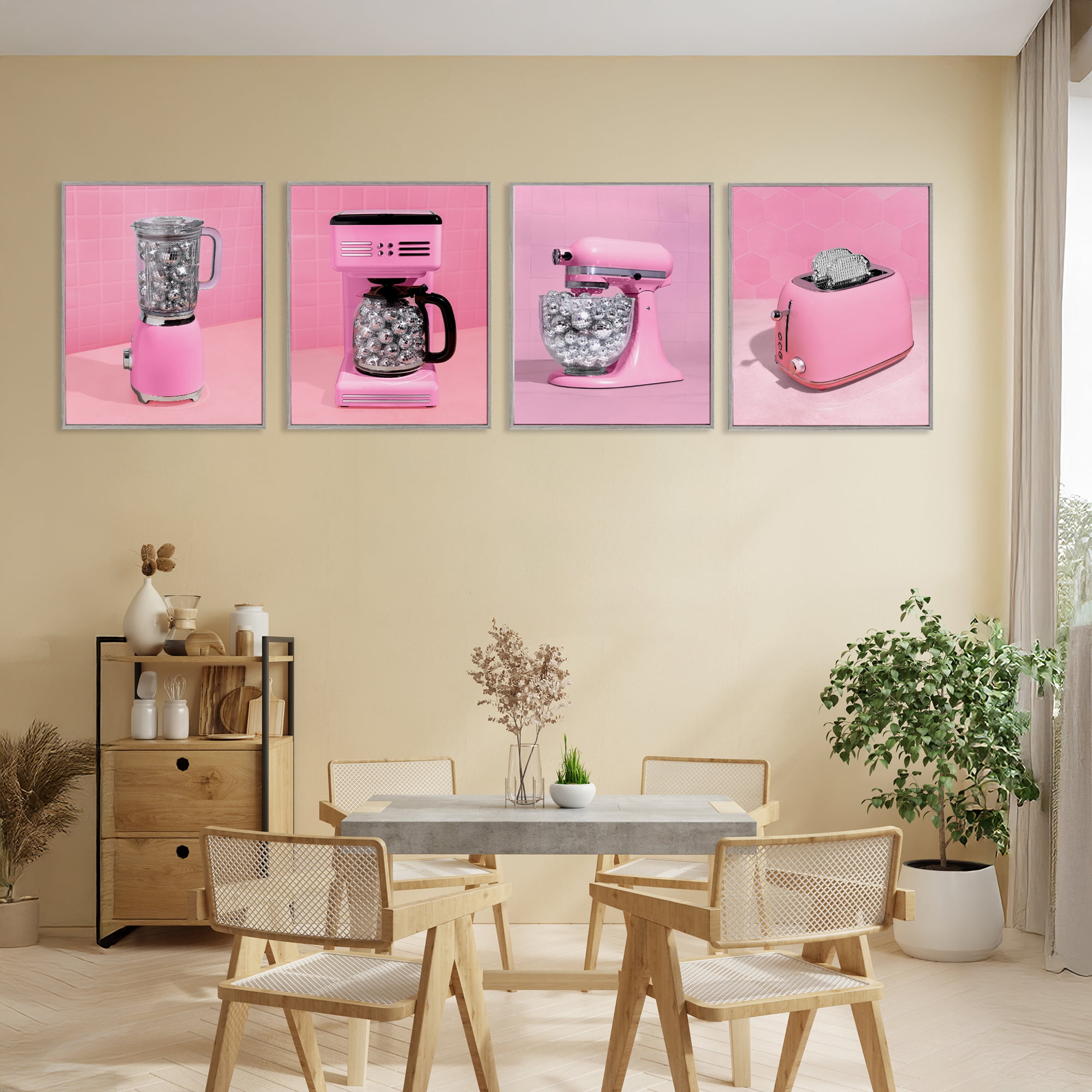 Stupell Industries Disco Drink Blender over Pink 4 Piece Gray Framed Giclee Art Set, design by LISH Creative