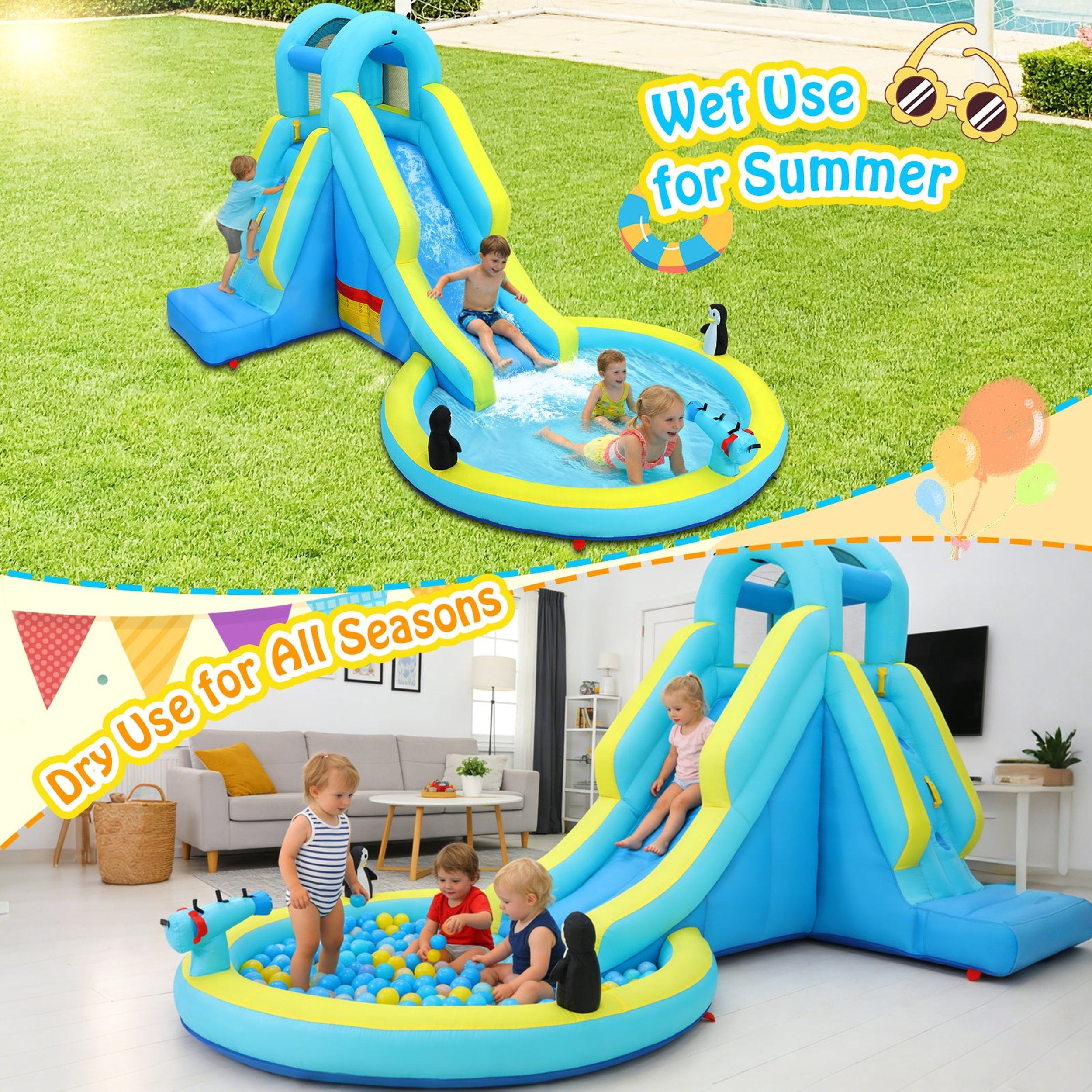 Funcid Inflatable Bounce House with Blower Indoor Outdoor, Kids Toddler Bouncy House Waterslide Park