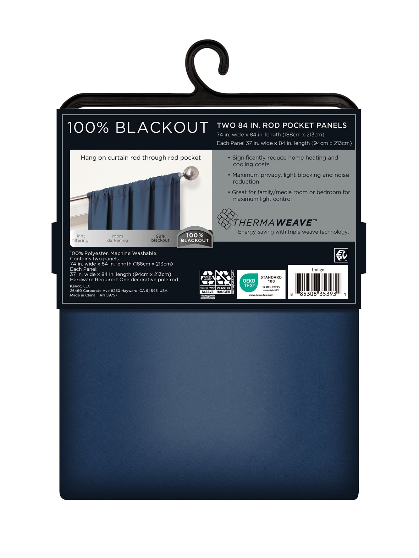 Eclipse Phoenix Blackout Curtain Rod Pocket Panel Pair, Indigo Blue, 50" W x 84" L