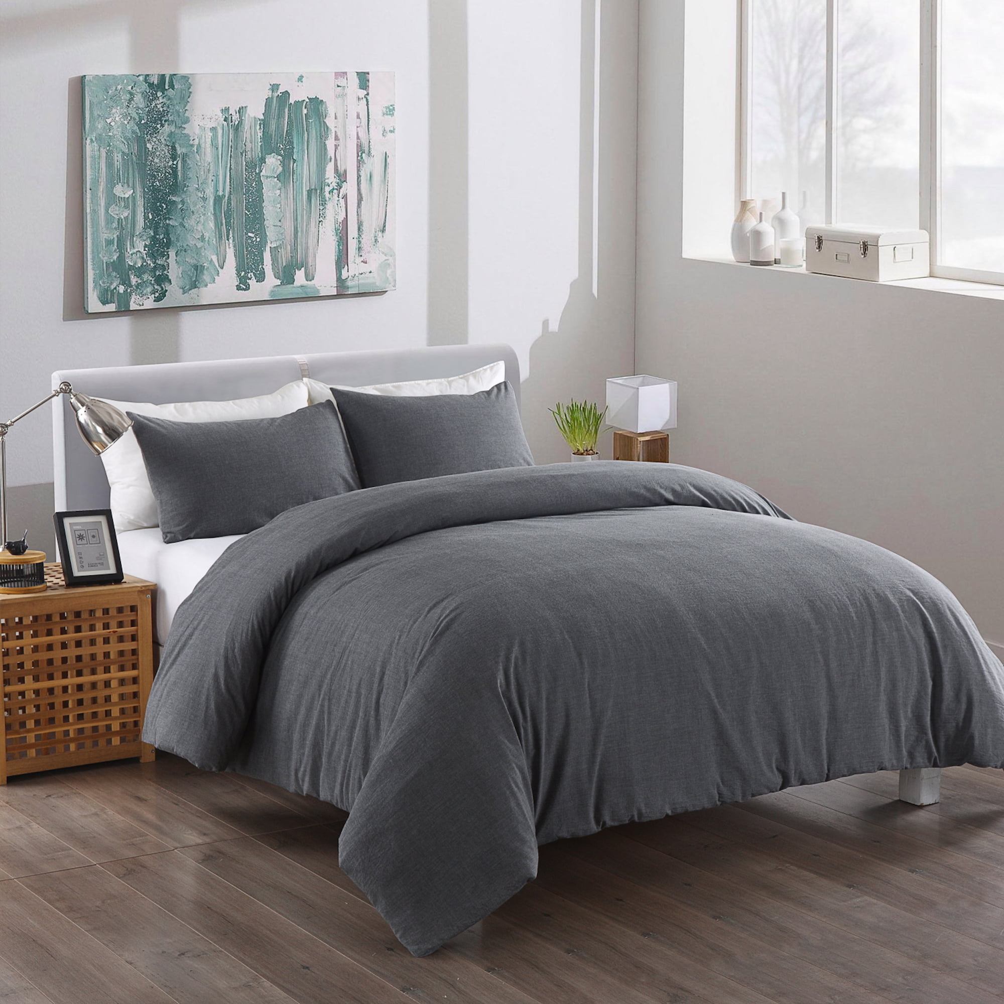 Messy Bed Washed Cotton Duvet Cover And Sham Set Grey Twin