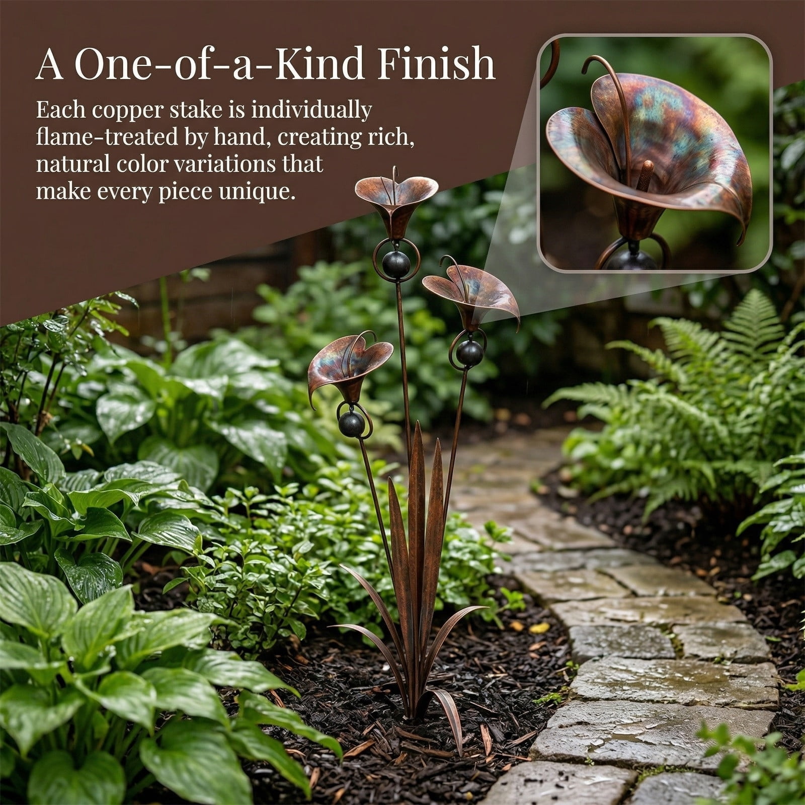Three Calla Lilies Garden Stake with Bells, Flamed Copper Rain Catcher Flower Handmade 24inch Large Whimsical Metal Plant Sculpture Yard Art Decor, Rustic Wind Chime Ornament Gift