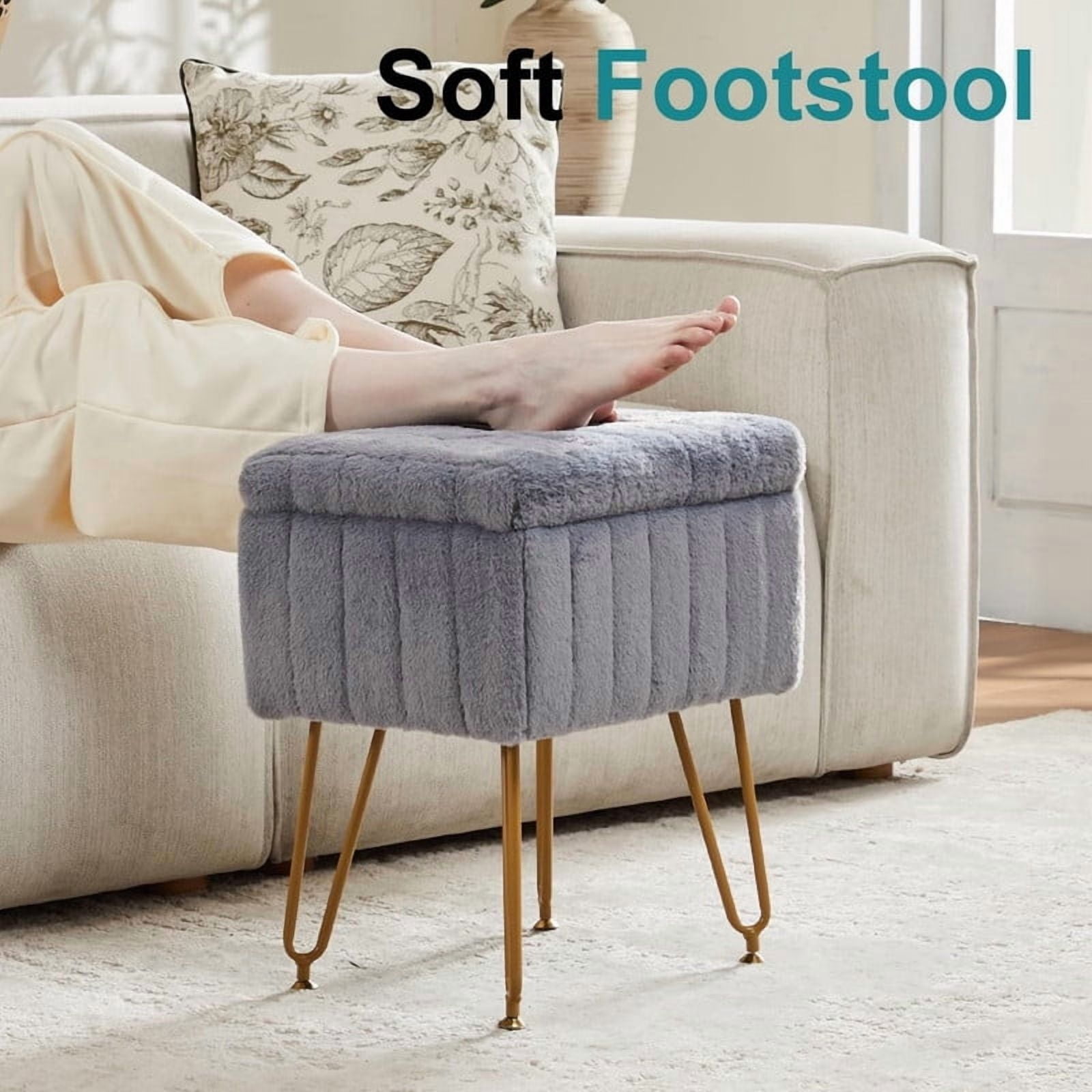 Kelno 18.9" Faux Fur Vanity Stool with Hidden Storage Soft Padded Ottoman Footrest with Metal Legs Antislip Adjustable Feet, Gray