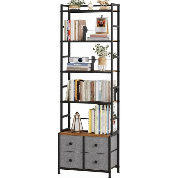 5 Tier Bookshelf, Modern Bookcase with Bookends and 4 Drawers Storage Organizer, Metal Industrial Display Shelf, Free Standing Storage Shelving Unit for Bedroom, Living Room and Home Office