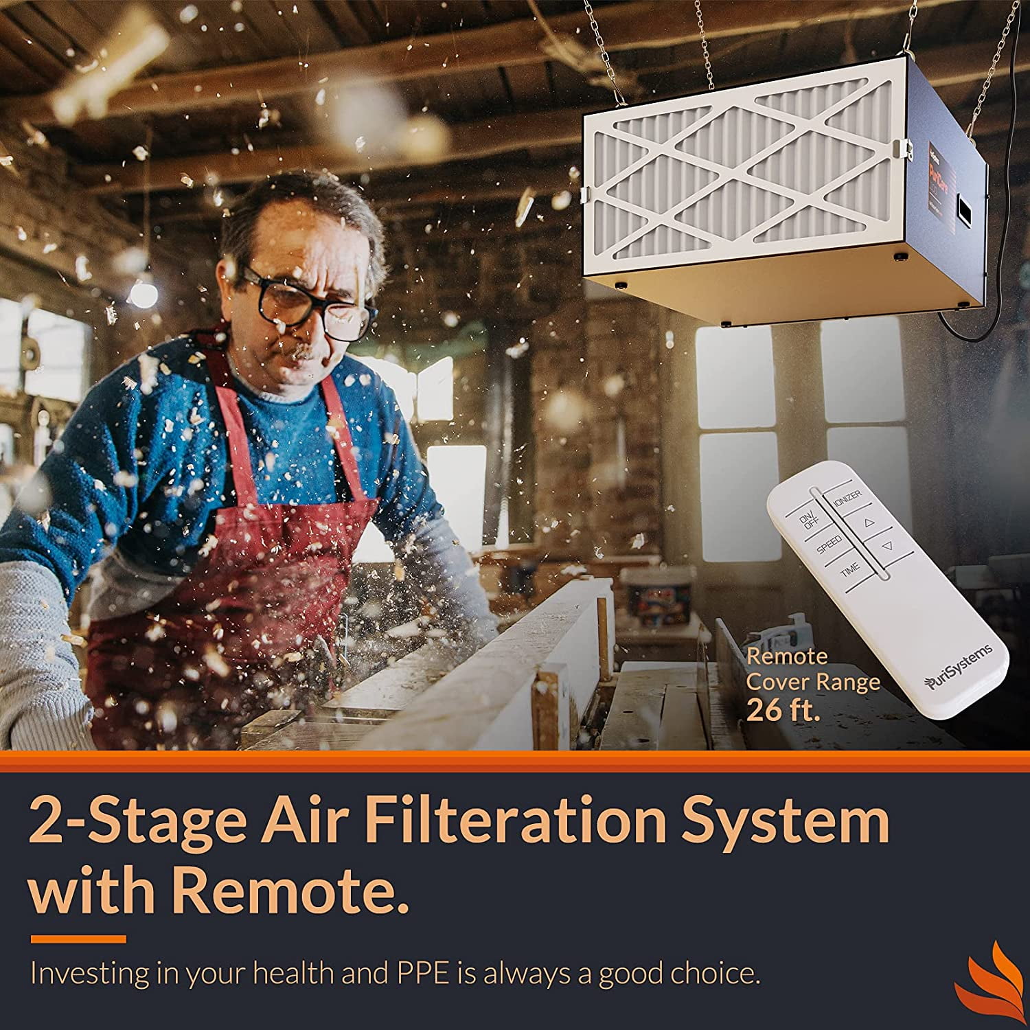 Purisystems 3-Speed Remote Air Filtration System, PuriCare 1100 Hanging Air Filter Remote for Woodworking, Garage Air Purifier, Shop Dust Collector, up to 1100 sq. ft (1100 CFM)