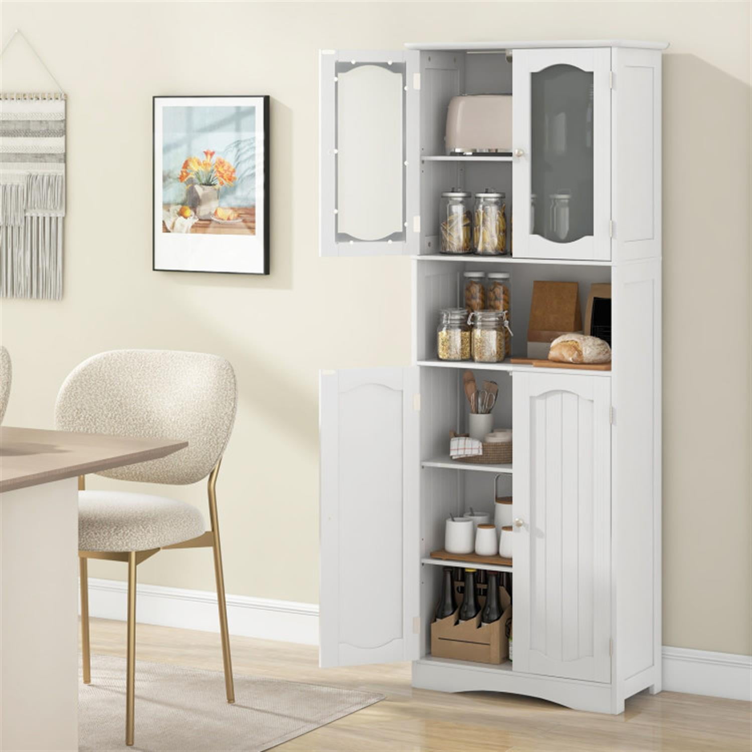 Demi Bonn 64.5" Tall Freestanding Bathroom Storage Cabinet with Frost Glass Doors and Shelves, Pantry Cabinets, White