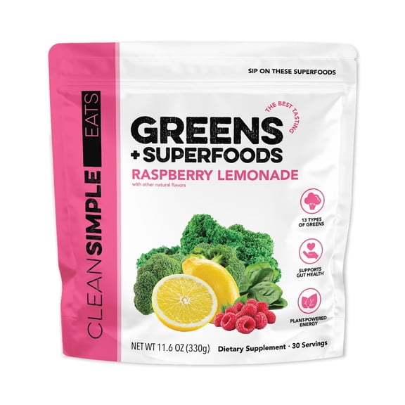 Clean Simple Eats Super Greens Powder, Raspberry Lemonade, Prebiotic Superfood Blend, No Artificial Ingredients, Gluten Free, 11.6 oz, 30 Servings