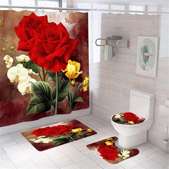 4PCS Flower Shower Curtain Set with Non-Slip Rugs, Toilet Lid Cover and Bath Mat, Shower Curtain with 25 Hooks, Bathroom Sets with Shower Curtain and Rugs and Accessories