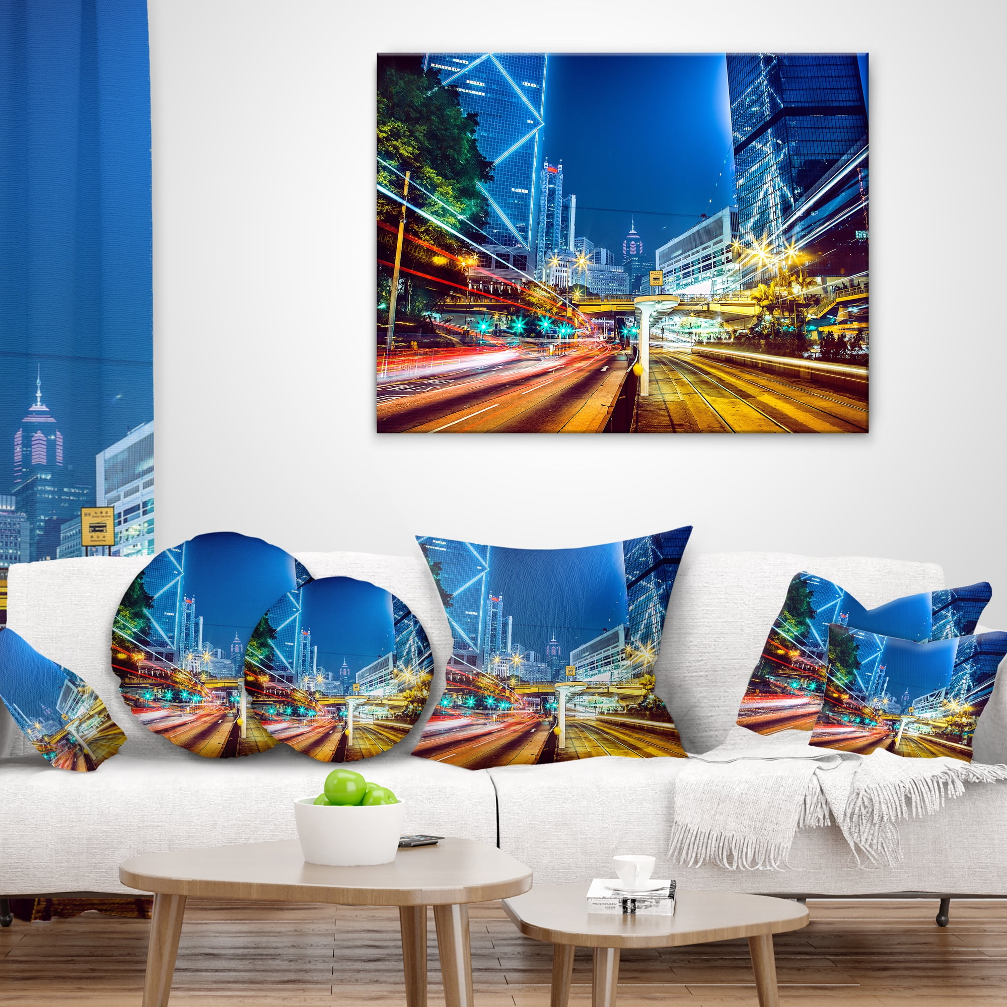 Designart Hong Kong City Night Scene - Cityscape Art Throw Pillow - 16x16