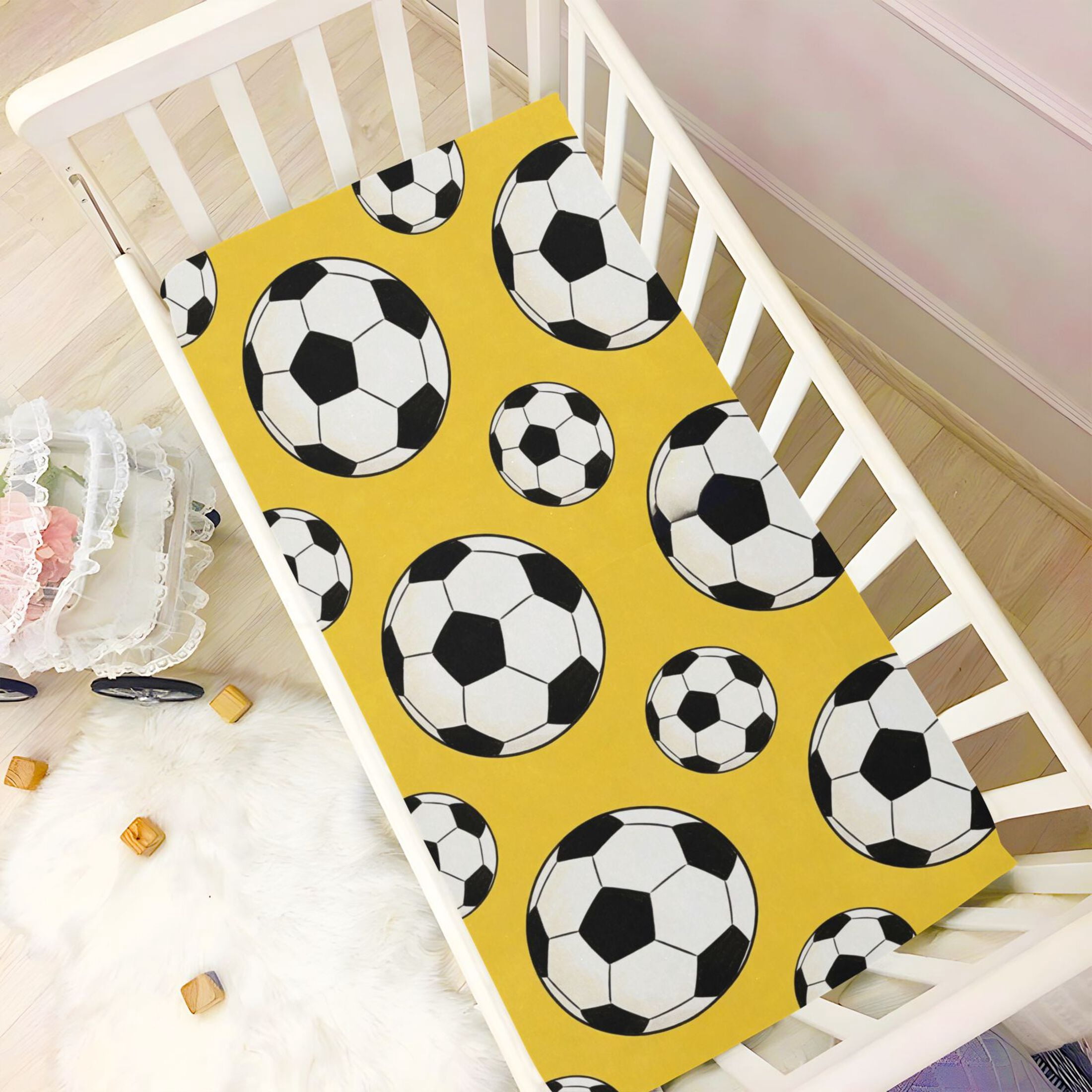 Baby Essentials 52”x 28”- Standard Cotton-like Modal Elastic- Yellow Football Design Crib Sheets for Newborns and Toddlers