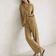 thumbnail image 4 of Womens Two Piece Shirts Suits Sets Casual Long Sleeve Button-Down Collar Shirt Wide Leg Pants Solid Knitted Soft Going Out Loungewear Outfits, 4 of 8