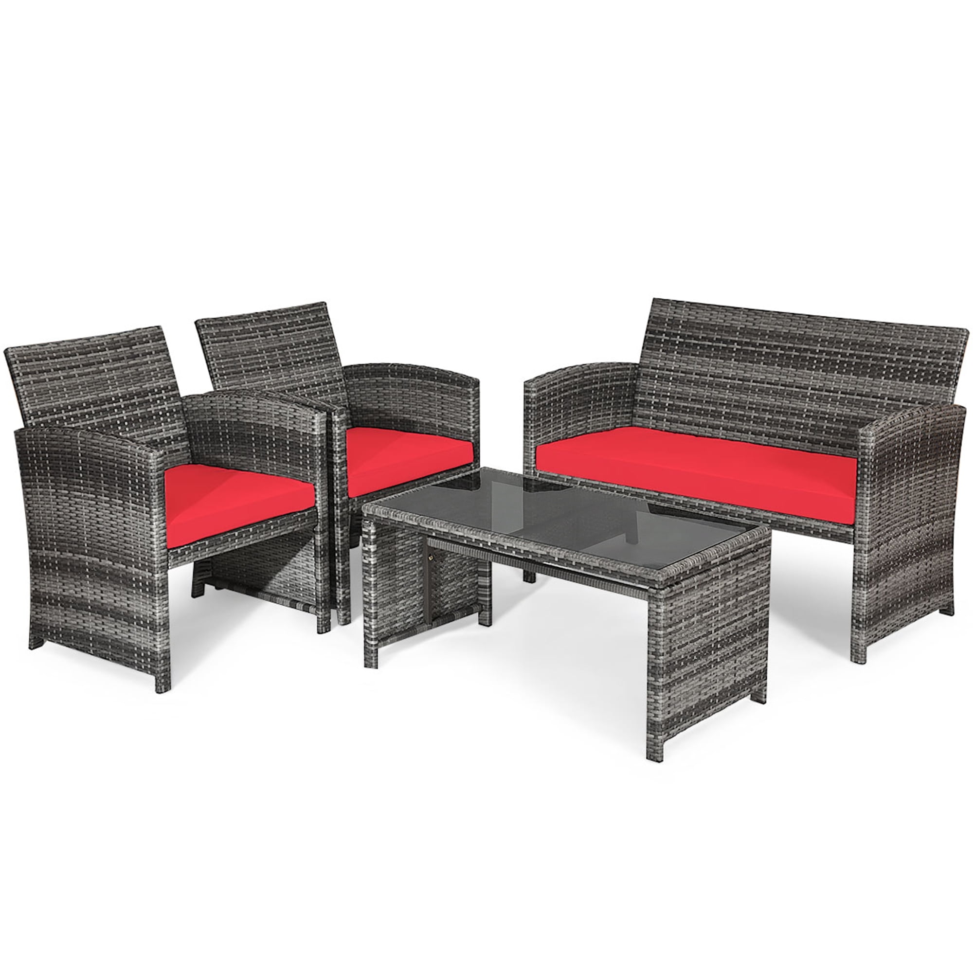 Costway 4PCS Patio Rattan Conversation Glass Table Top Cushioned Sofa Red