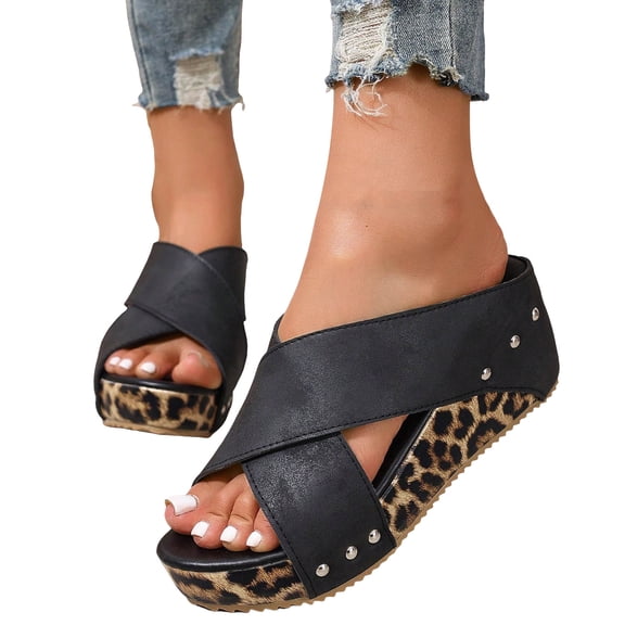 Rokment Leopard Platform Wedge Sandals for Women Fashion Casual Studded Cross-Band Leather Open Toe Backless Slip on Chunky High Heels Dress Slides Beach Summer Comfortable Black Size 6
