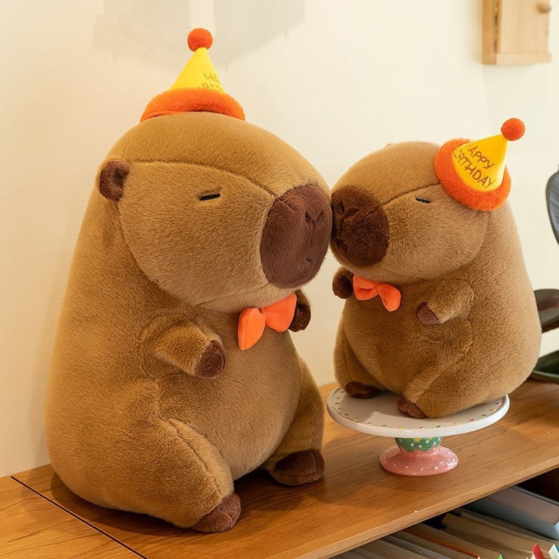 Cute Capybara Plush Toy with Birthday Hat, Soft Stuffed Animal Plush Doll Kawaii Plush Decor Gift for Friends Teens Adults Home Desk Decoration