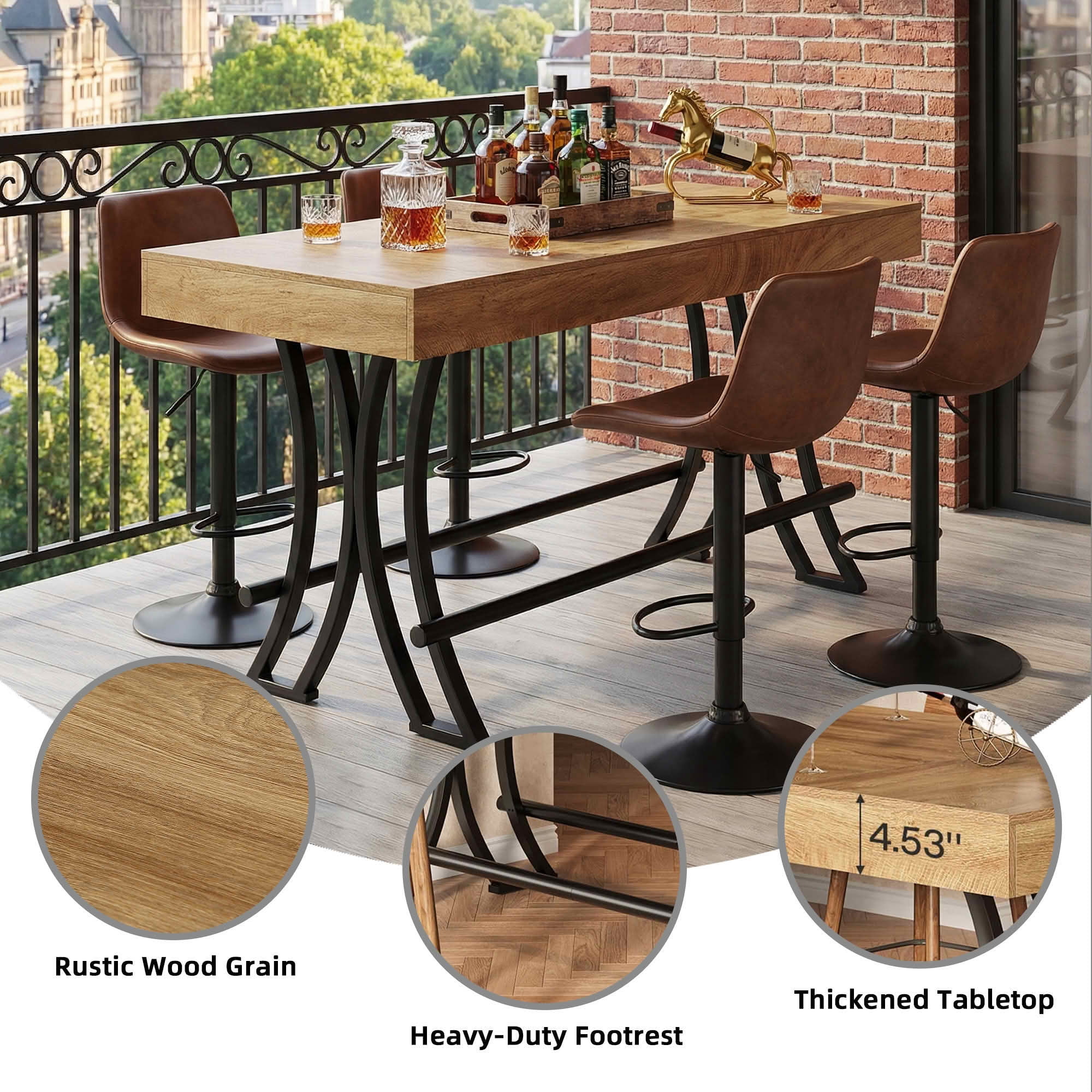 MAYEERTY 63" Industrial Farmhouse Counter Height Table, 6-8 Seater with Metal Footrest, Rustic Wood Grain MDF Top Kitchen Pub Table