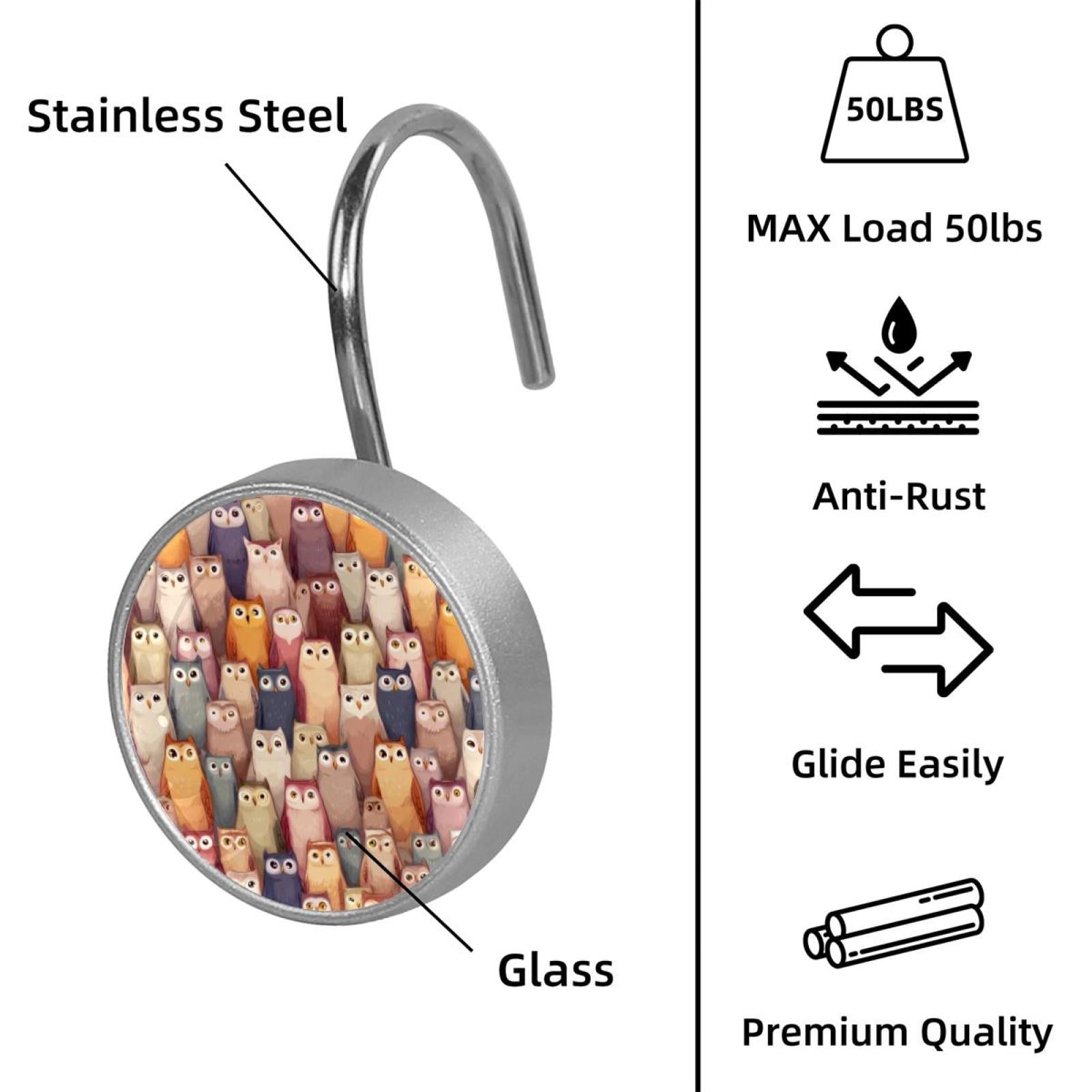 12pcs Decorative Shower Curtain Hooks, Rust Resistant Shower Rings for Bathroom Living Room,Rustproof Stainless Steel Rings for Shower Curtain and Liner Rods,Owls Background