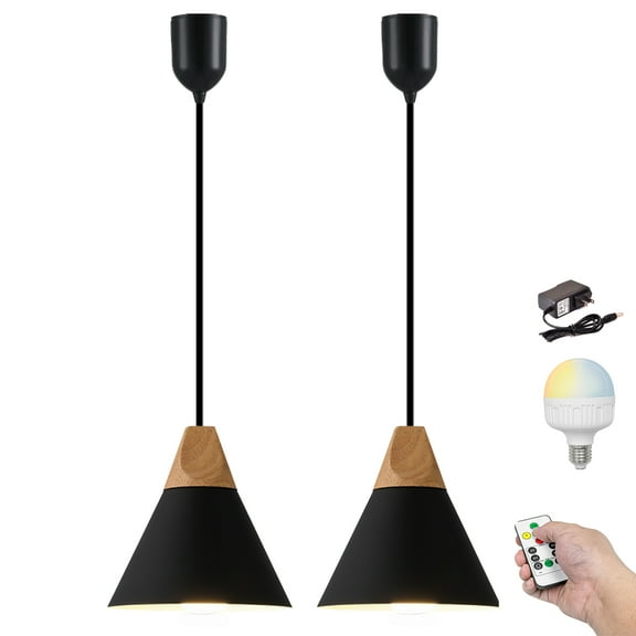 Kiven Battery Operated Modern Pendant Light with Remote, Timer, Dimmable, 2-Light Rechargeable Hanging Pendant Light, Adjustable Height for Corner Decor, Reading,Bedroom, Black