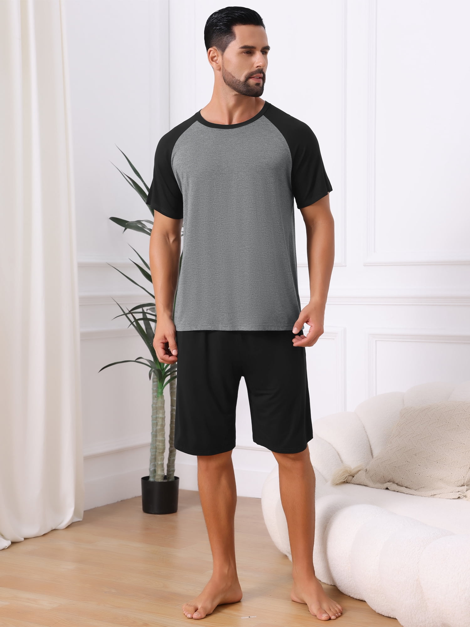DARING DIVA Men's Sleepwear Pajama Raglan Crew Neck Drawstring Pajama Set S Black Gray