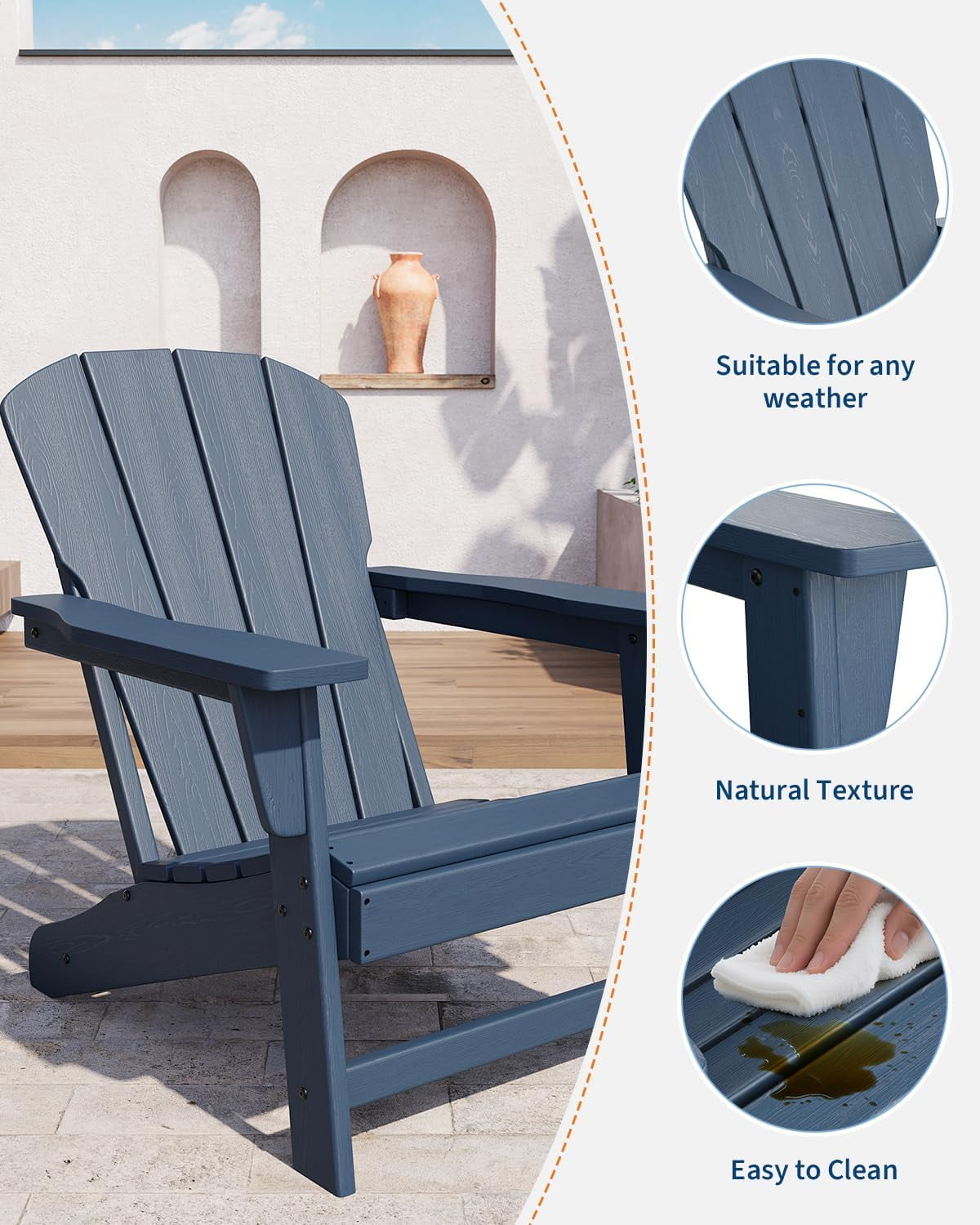 Outdoor Adirondack Chairs, HDPE Plastic Patio Chairs for All Weather, Weather-Resistant Fire Pit Chair with Wide Armrests & Slatted Back, for Patio, Deck, Lawn, Navy Blue