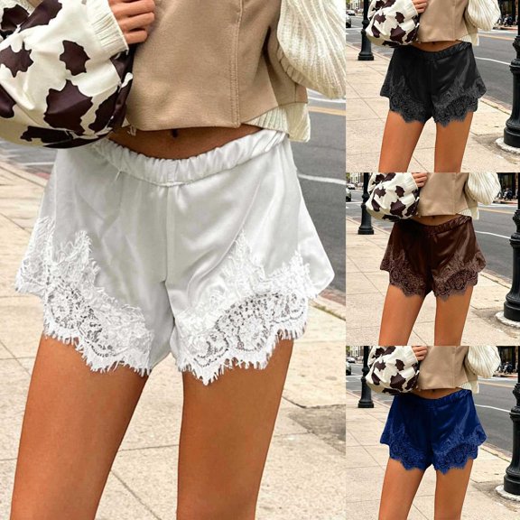 SOFTCCLO Shorts for Women Fall Solid New Lace Shorts Wide Leg Elegant Fashion Casual Womens Shorts Beige L