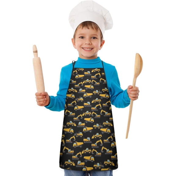 Cartoon Construction Vehicles Trucks Kids Aprons for Girls and Boys,Adjustable Neck Strap Toddler Aprons for Kids Cooking Baking